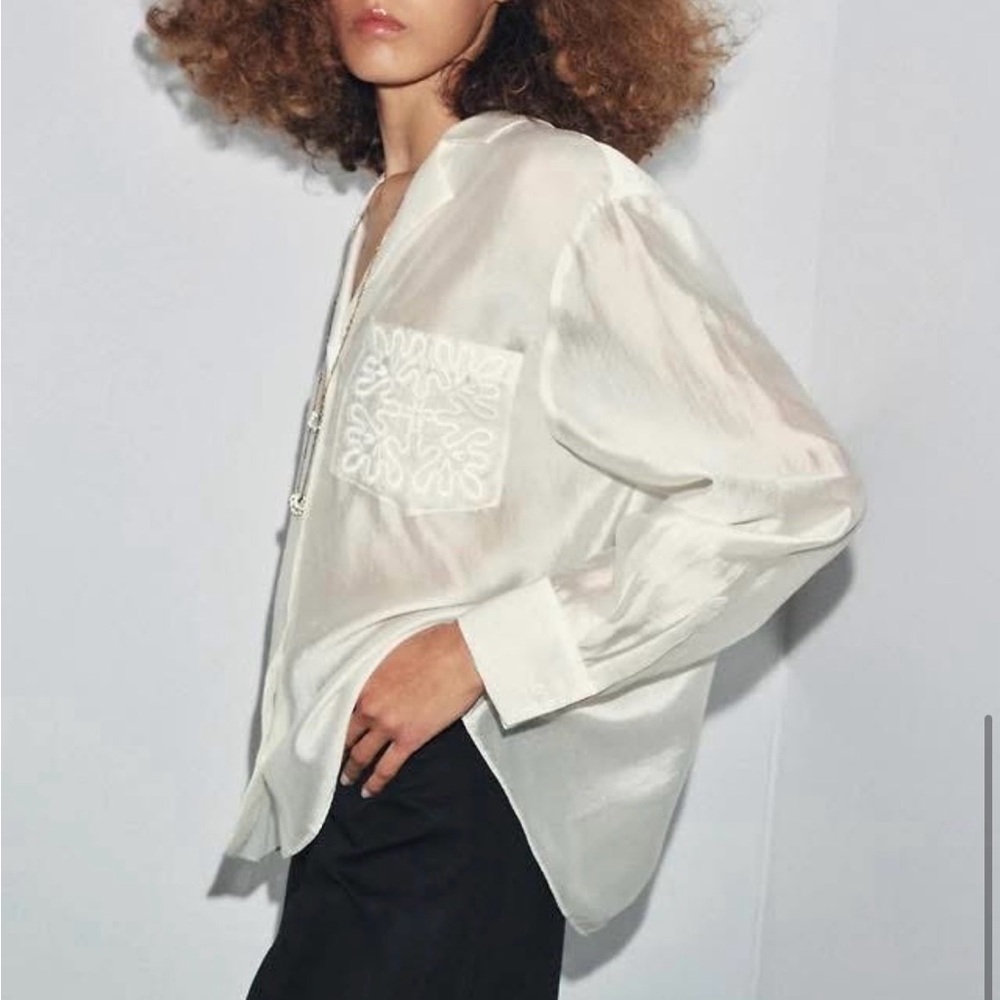 NWT Zara Sold Out ZW Collection Cream Satin Button-up with Embroidered Pocket